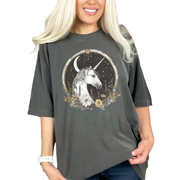 Magical Unicorn Graphic Tee, Moon and Stars Art T-Shirt, Mystical Floral Design Shirt, Fantasy Unicorn Clothing, Unique Gift Idea, Pepper Comfort Colors T-Shirt, 2XL