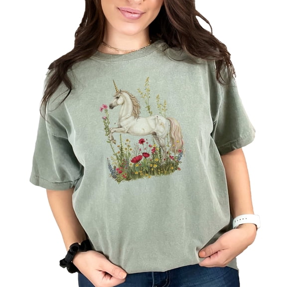 Magical Unicorn Graphic Tee, Whimsical Unicorn T-Shirt, Cute Unicorn Shirt, Fantasy Creature Tee, Unicorn Wildflowers Top, Moss Comfort Colors T-Shirt, Large