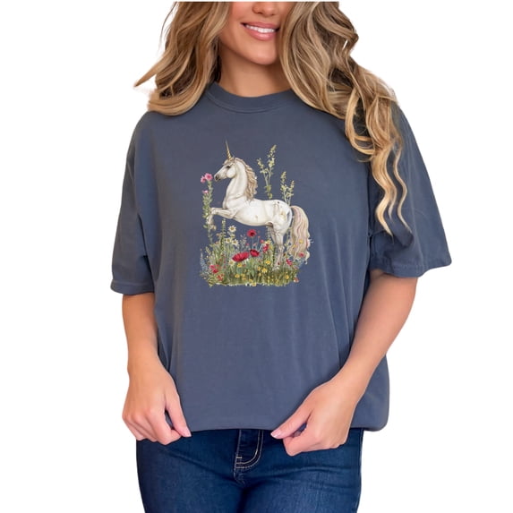 Magical Unicorn Graphic Tee, Whimsical Unicorn T-Shirt, Cute Unicorn Shirt, Fantasy Creature Tee, Unicorn Wildflowers Top, Denim Comfort Colors T-Shirt, Small