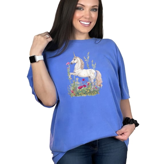 Magical Unicorn Graphic Tee, Whimsical Unicorn T-Shirt, Cute Unicorn Shirt, Fantasy Creature Tee, Unicorn Wildflowers Top, Flo Blue Comfort Colors T-Shirt, Small
