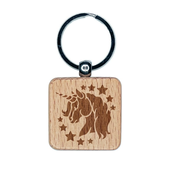 Magical Unicorn Head Square Keychain Charm Tag - Engraved Wood