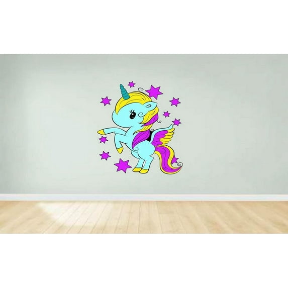 Magical Unicorn Jumping Cartoon Character Wall Art Sticker Vinyl Decals Girls Boys Children Baby Bedroom House School Wall Decor Removable Sticker Peel and Stick Size (10x8 inch)