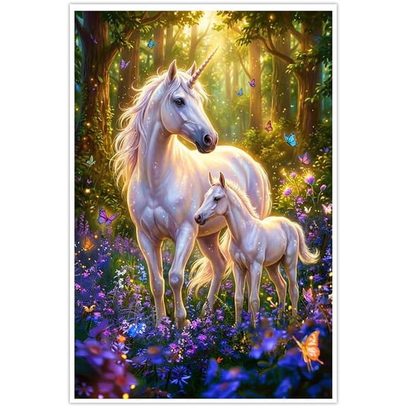 Magical Unicorn Mother and Foal in Enchanted Forest Wall Art Canvas Prints,Fantasy Fairy Tale Decor with Butterflies and Glowing Flowers for Bedroom Living Room