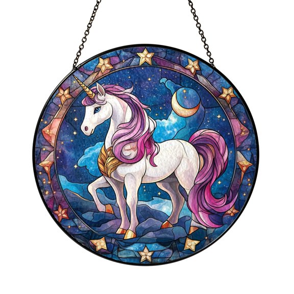 Magical Unicorn Night Sky Stained Glass Style Window Hanging