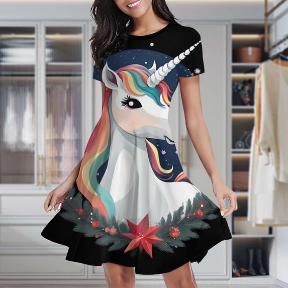Magical Unicorn Night Sky Women's Classic Swing Skater Dress Casual Work Party Cocktail Dresses