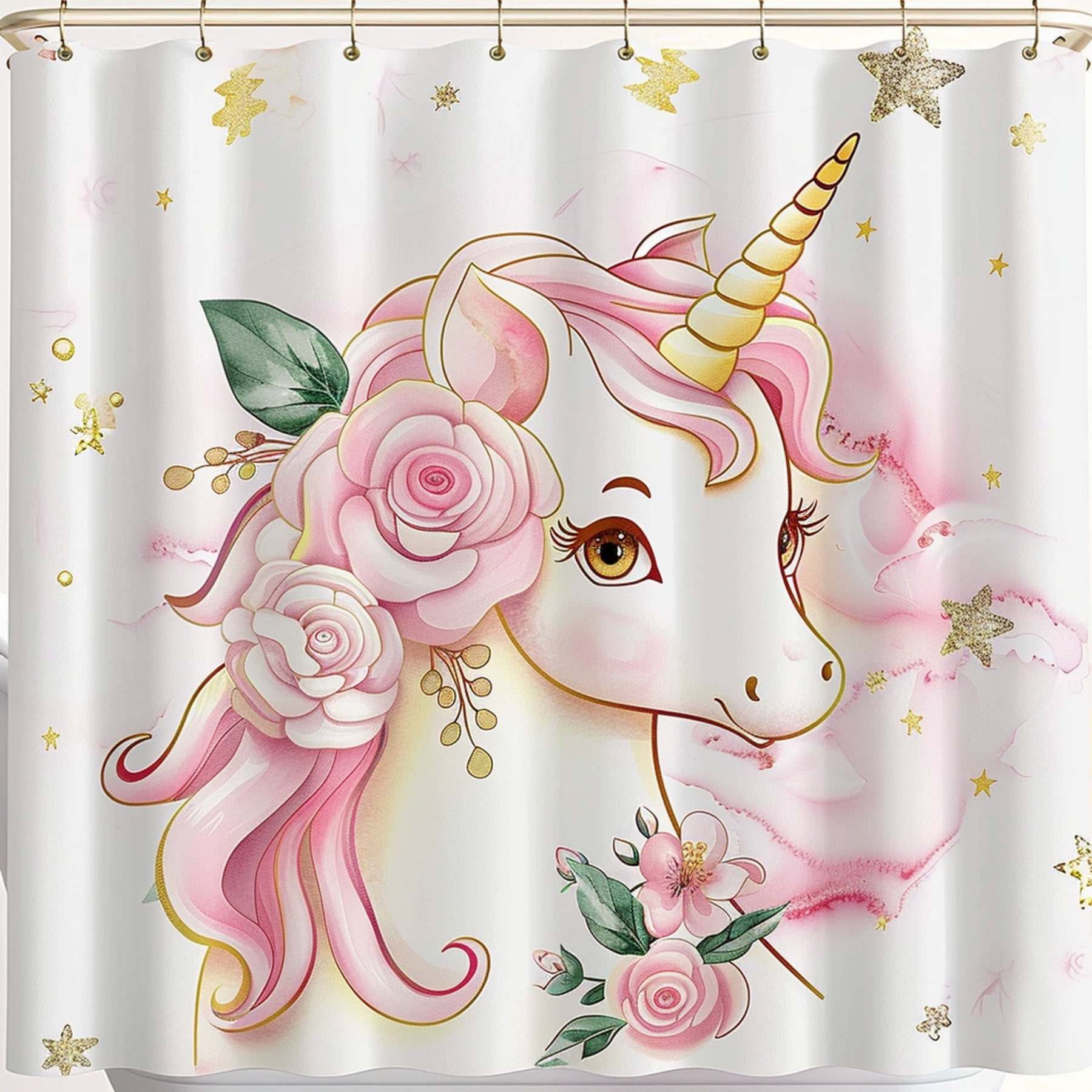 Magical Unicorn Shower Curtain with Pink Roses and Gold Stars Pastel