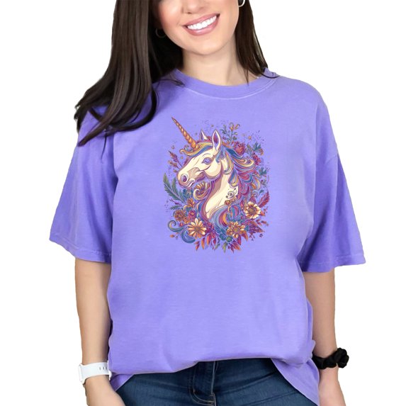Magical Unicorn T-Shirt, Fantasy Animal Tee, Colorful Unicorn Art, Unique Casual Wear, Mythical Creature Shirt, Perfect Gift Idea, Violet Comfort Colors T-Shirt, Medium
