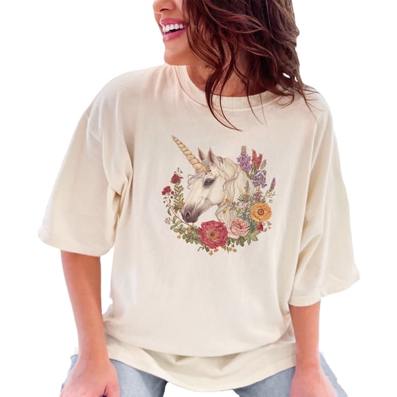 Magical Unicorn T-Shirt, Fantasy Animal Tee, Flower Unicorn Shirt, Artistic Printed Tee, Unique Unicorn Graphic T-Shirt for Adults, Ivory Comfort Colors T-Shirt, Medium