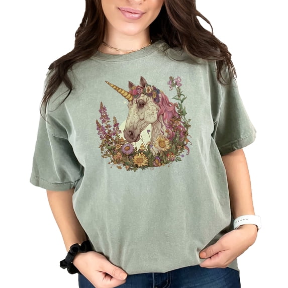 Magical Unicorn T-Shirt, Fantasy Horse with Flower Crown, Cute Unicorn Tee for Unicorn Lovers, Pastel Floral Unicorn Shirt, Moss Comfort Colors T-Shirt, Medium