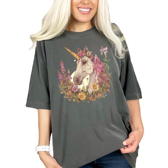 Magical Unicorn T-Shirt, Fantasy Horse with Flower Crown, Cute Unicorn Tee for Unicorn Lovers, Pastel Floral Unicorn Shirt, Pepper Comfort Colors T-Shirt, 3XL