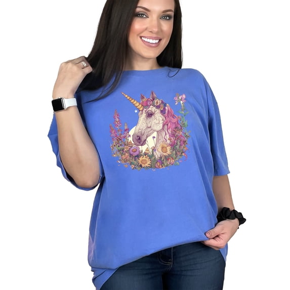 Magical Unicorn T-Shirt, Fantasy Horse with Flower Crown, Cute Unicorn Tee for Unicorn Lovers, Pastel Floral Unicorn Shirt, Flo Blue Comfort Colors T-Shirt, Large