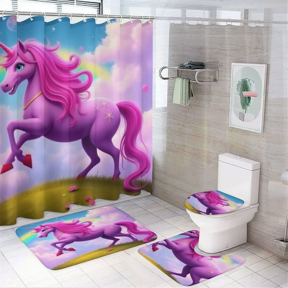 Magical Unicorn in Fantasy Landscape Shower Curtain Sets Non-Slip Rugs Bath Mat Toilet Cover U Shaped Mat 4 Pcs