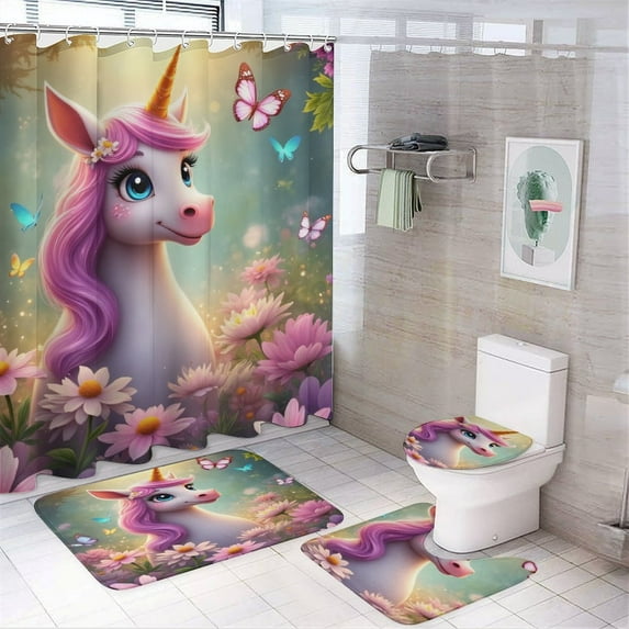 Magical Unicorn in Flower Garden Shower Curtain Sets Non-Slip Rugs Bath Mat Toilet Cover U Shaped Mat 4 Pcs