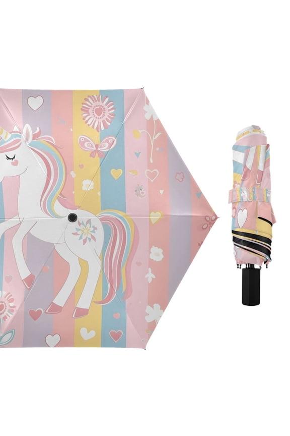 Magical Unicorn with Flowers Compact Sun Umbrella Windproof Travel Umbrellas for Rain Strong Portable UV Protection