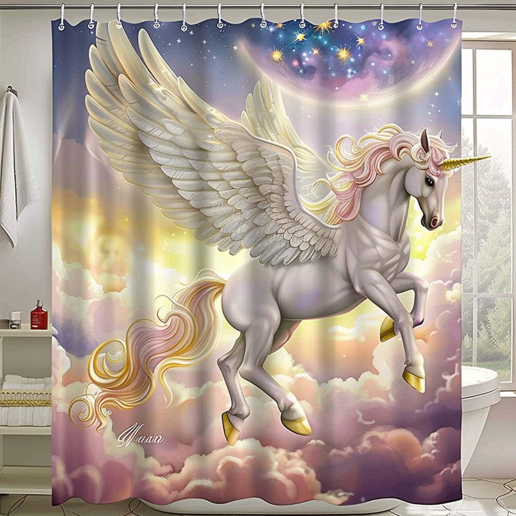 Magical Unicorn with Wings Flying in the Sky Bathroom Shower Curtain