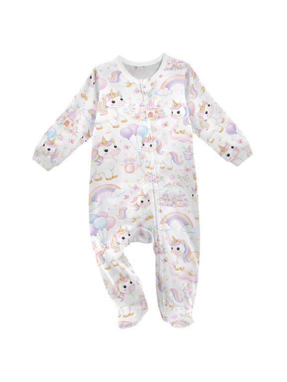 Magical Unicorns Rainbows Castle Baby Sleeper One-Piece Footies Newborn Roomper 12Months