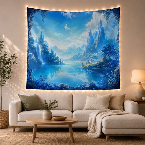 Magical Waterfall and Lake in a Mountain Cave, Mystical Watercolor for Nature Lovers, Mountain Wall Art, Housewarming Gift, Tapestry Wall Hanging for Bedroom and Living Room