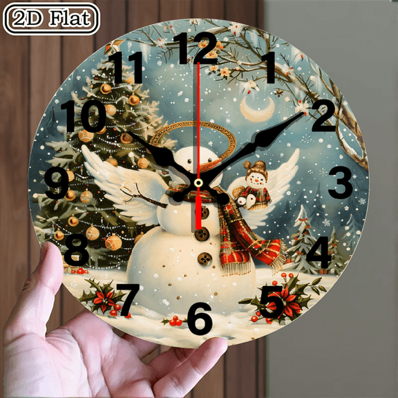 Magical Winter Scene Angel Snowman Illustration Digital Wall Clock Round 10x10 Inch 1pc Battery Not Included