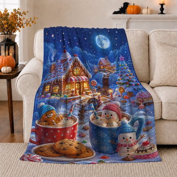 Magical Winter Village Under Moonlight Gingerbread House Hot, Festive Holiday Scene, Warm Flannel Blanket for Living Room and Family Room, Art Lovers Christmas Gift, Festive Home Decor