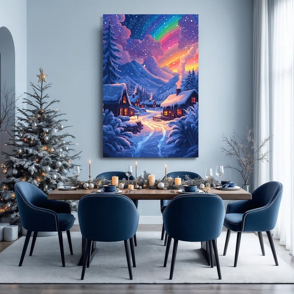 Magical Winter Village Wall Art Snowy Landscape Print Festive Wall Decor Colorful Sky Poster Winter Festive Artwork Ready to Hang, Unframed Poster Size 8x12
