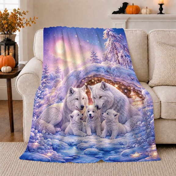 Magical Winter Wolf Family Aurora Borealis Scene, Festive Holiday Scene, Warm Flannel Blanket for Living Room and Reading Nook, Art Lovers Friendship Gift, Festive Home Decor