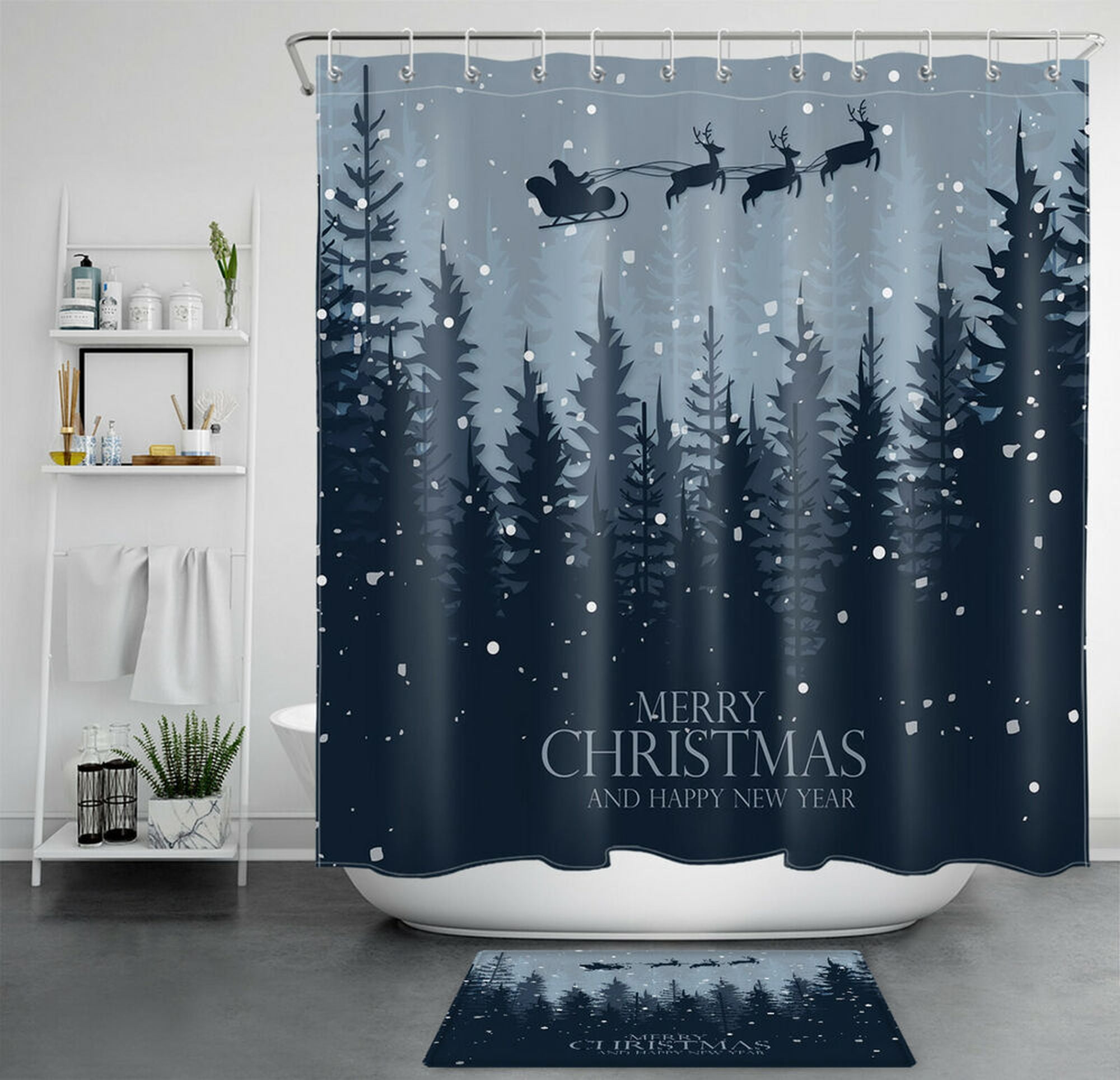 Magical Winter Wonderland Shower Curtain Set Santa, Reindeer, Sleigh Transform Your Bathroom
