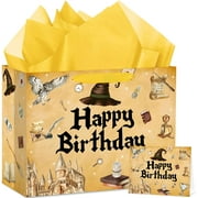 Magical Wizard Gift Bag Happy Birthday Gift Wrapping Bag with Handles, Tissue Paper and Greeting Cards for Kids Girls Boys Wizard Birthday Party Supplies Halloween Party Favors