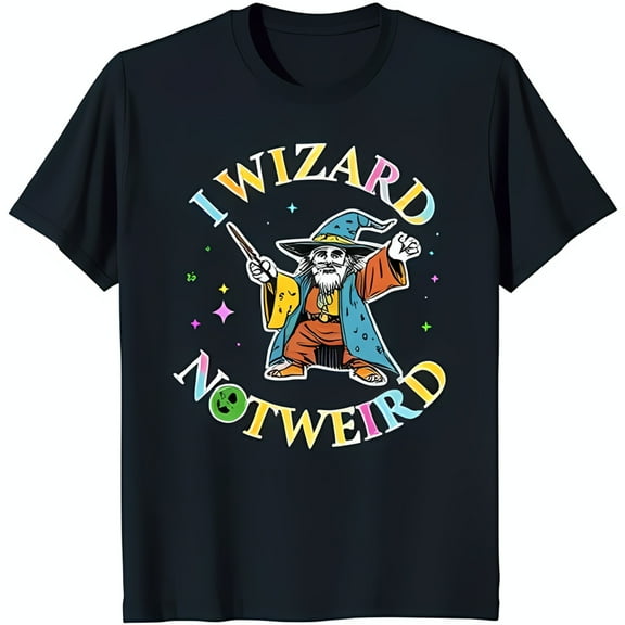 Magical Wizard Graphic Tee I WIZARD NOT WEIRD Design on Black T-Shirt