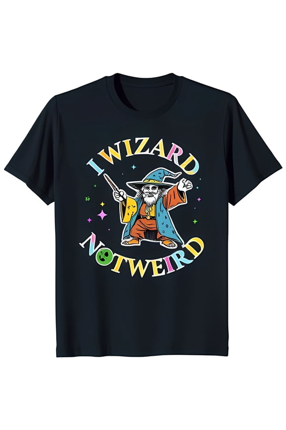 Magical Wizard Graphic Tee I WIZARD NOT WEIRD Design on Black T-Shirt