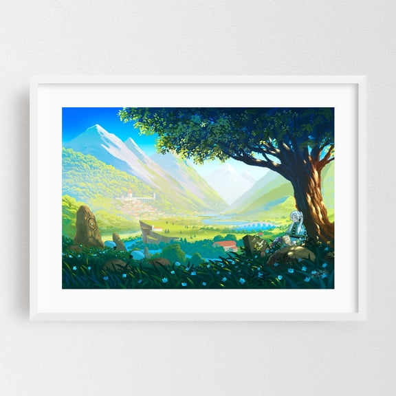 Magical relaxation - Illustration Fantasy Landscape Scenic Mystical Nature Pastoral Reading White Framed Wall Art Print 24 x 36 inches