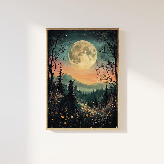Magical witch under full moon art print | mystical magical beautiful enchanting witch with flowers and full moon, mystical spiritual poster