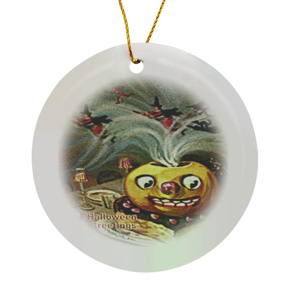 3drose, Magically Jack O Lantern on Cake with Witches and Devils (textured), Circle Porcelain Ornament