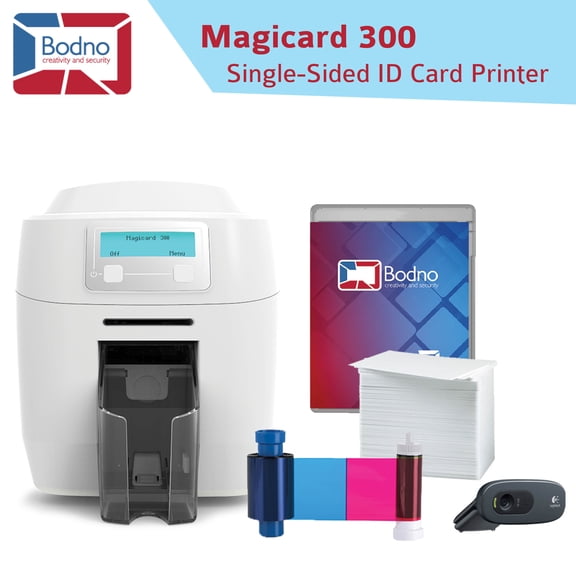 Magicard 300 ID Card Printer, Single-Sided | Prints Plastic ID Cards and Badges w/ HoloKote | Complete Package Includes Dye Film Ribbon, PVC Cards, Gold Edition Bodno Software, Webcam