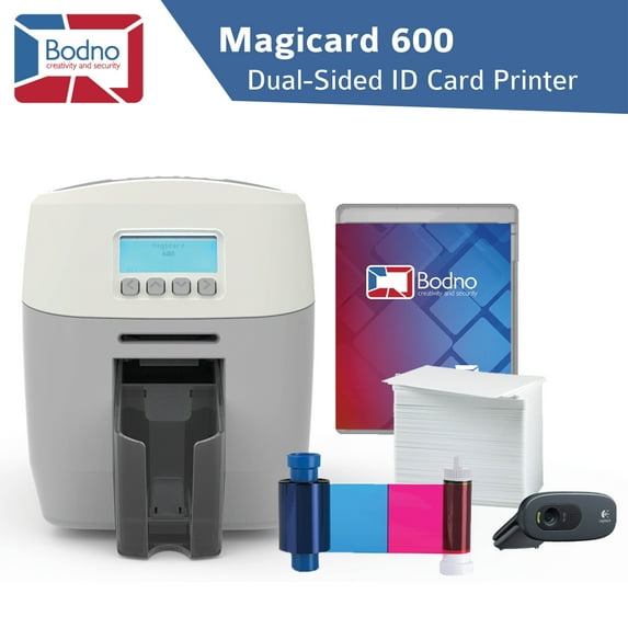 Magicard 600 ID Card Printer, Dual-Sided | Prints Plastic ID Cards and Badges w/ HoloKote | Complete Package Includes Dye Film Ribbon, PVC Cards, Gold Edition Bodno Software, Webcam