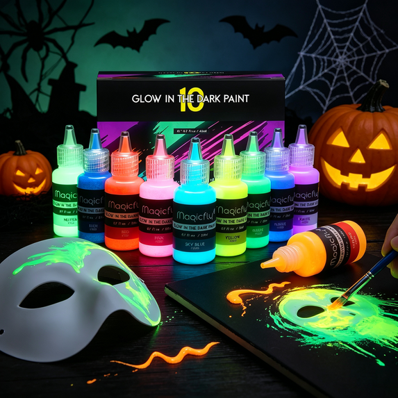 Magicfly Acrylic Glow in The Dark Paint, 10 Bright Colours 60 ml / 2 oz for Painting, Halloween , Christmas