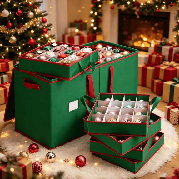 Magicfly Christmas Ornament Storage Box ,Holds 128 Holiday Ornaments Ball 3 inch, Adjustable Dividers, 600D Oxford ,8 Removable Trays, Zippered Closure (Green)