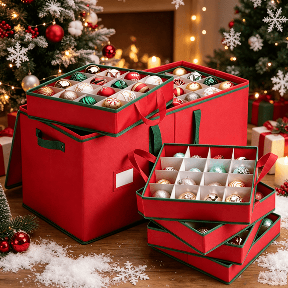 Magicfly Christmas Ornament Storage Box ,Holds 128 Holiday Ornaments Ball 3 inch, Adjustable Dividers, 600D Oxford ,8 Removable Trays, Zippered Closure (Red)