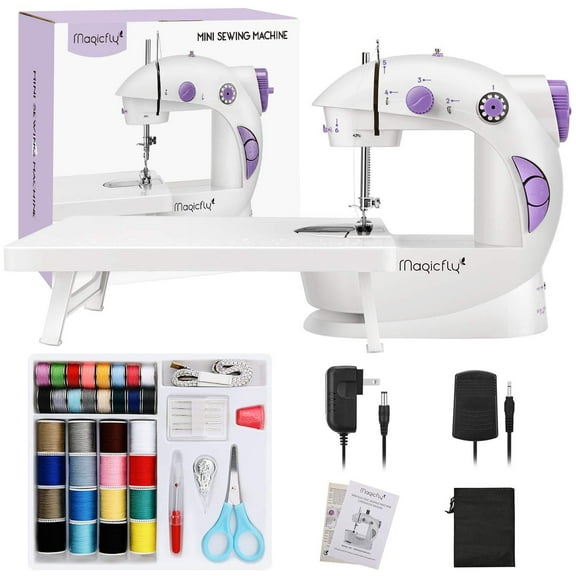 Magicfly Mini Sewing Machine for Beginner, Dual Speed Portable Sewing Machine Machine with Extension Table, Light, Sewing Kit for Household, Travel White