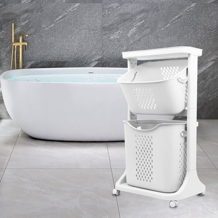 2-Tier Laundry Hamper Sorter, Laundry Storage Organizer with Wheels Movable Rolling Laundry Baskets for Dirty Clothes, Bathroom Cart