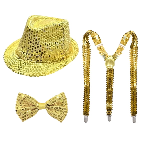 Magician Accessories Magician Clothes 1920s Mens Outfit 1920s Mens Outfit 1920s Mens Accessories Sequin Hat And Bowtie & Suspender Set, Gold