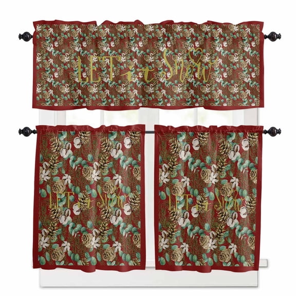 Christmas Kitchen Curtains and Valances Set, Vintage Pine Cones Hand Drawn Eucalyptus Leaves Rod Pocket Window Valance Window Curtain Panels for Living Room Bedroom Laundry, 27.5x24in, 3 Pieces