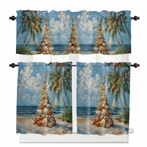 Christmas Ocean Kitchen Curtains and Valances Set, Seashell Starfish Xmas Tree Palm Sky Blue Rod Pocket Window Valance Window Curtain Panels for Living Room Bedroom Laundry, 27.5x24in, 3 Pieces