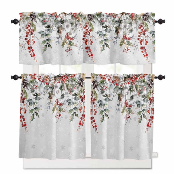 Christmas Kitchen Curtains and Valances Set, Winter Pine Leaves Pine Cones Berries Snowflakes Rod Pocket Window Valance Window Curtain Panels for Living Room Bedroom Laundry, 27.5x24in, 3 Pieces