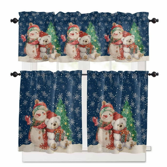 Christmas Kitchen Curtains and Valances Set, Vintage Snowman Bear Snowflakes Evergreen Blue Rod Pocket Window Valance Window Curtain Panels for Living Room Bedroom Laundry, 27.5x24in, 3 Pieces