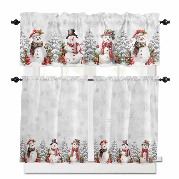 Christmas Kitchen Curtains and Valances Set, Winter Snow Scene Snowflakes Snowman Mistletoe Rod Pocket Window Valance Window Curtain Panels for Living Room Bedroom Laundry, 27.5x36in, 3 Pieces