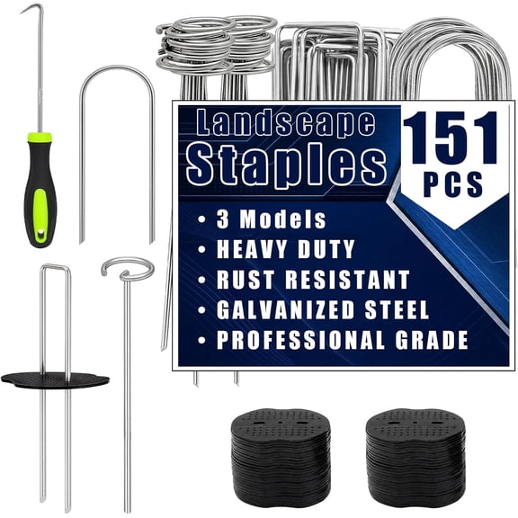 Magicorange 151 Pack Landscape Staples, U & G Shaped Galvanized Ground Staples, 4" & 6" Garden Staples with Washers, 3mm Heavy Duty, Rust & Bend Resistant