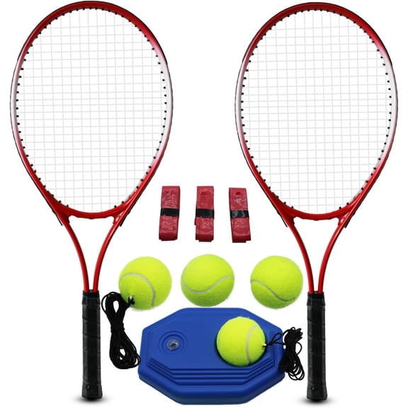 Magicorange Tennis Racket Set of 2 for Adult, 27 inch Length for Beginners and Professional with 4 Balls, 3 Overgrips, 1 Trainer, 1 Tennis Bag (Red)
