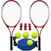 Magicorange Tennis Racket Set of 2 for Adult, 27 inch Length for Beginners and Professional with 4 Balls, 3 Overgrips, 1 Trainer, 1 Tennis Bag Red