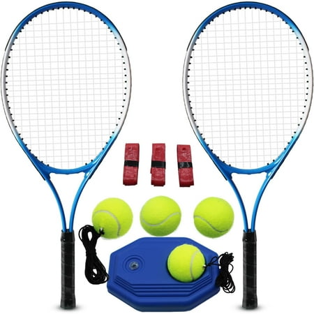 Magicorange Tennis Racket Set of 2 for Adult, 27 inch Length for Beginners and Professional with 4 Balls, 3 Overgrips, 1 Trainer, 1 Tennis Bag (Blue)