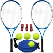 Magicorange Tennis Racket Set of 2 for Adult, 27 inch Length for Beginners and Professional with 4 Balls, 3 Overgrips, 1 Trainer, 1 Tennis Bag Blue